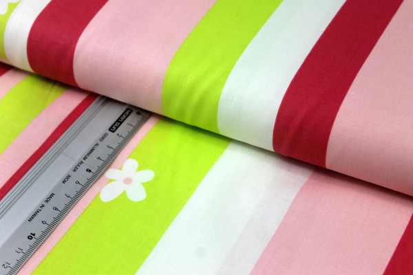 Baumwolle | bedruckt | Flowers & Stripes | rosa/rot/neongrün/creme