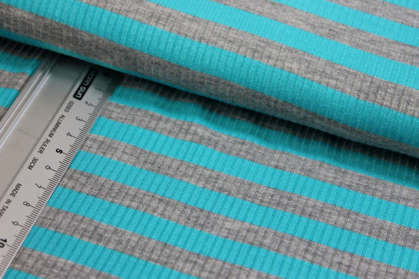 Viskose - Spandex - Rippjersey | bedruckt | Streifen | grau melliert/türkis